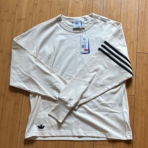 Adidas Men's Off-White Long Sleeve Tee with Black Stripes